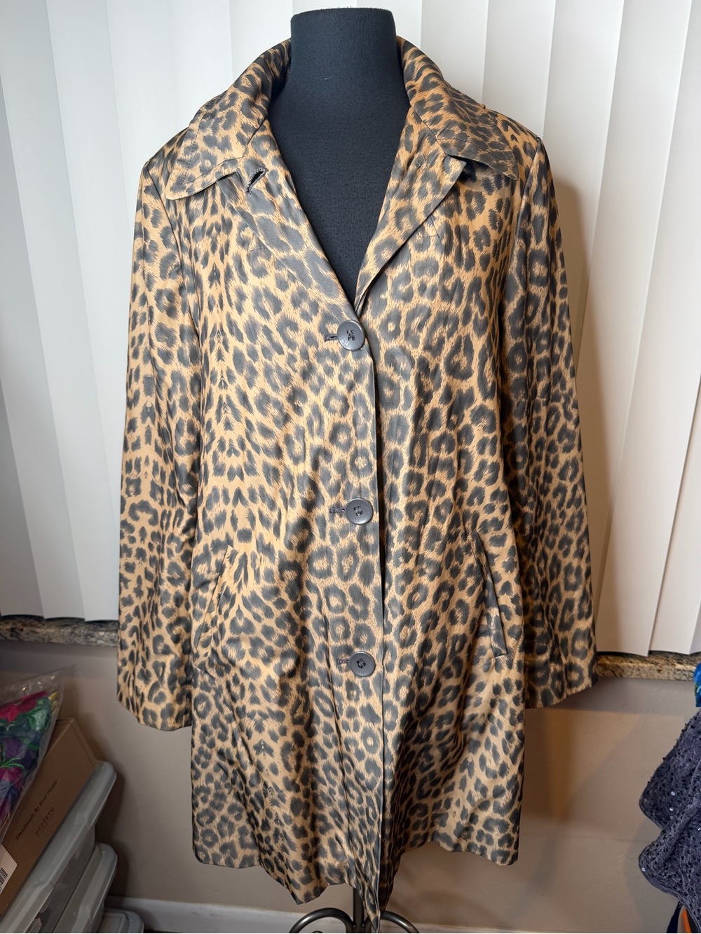 Leopard Print Button-Front Tench Rain Hoodie Coat Bold Animal Print Size Large